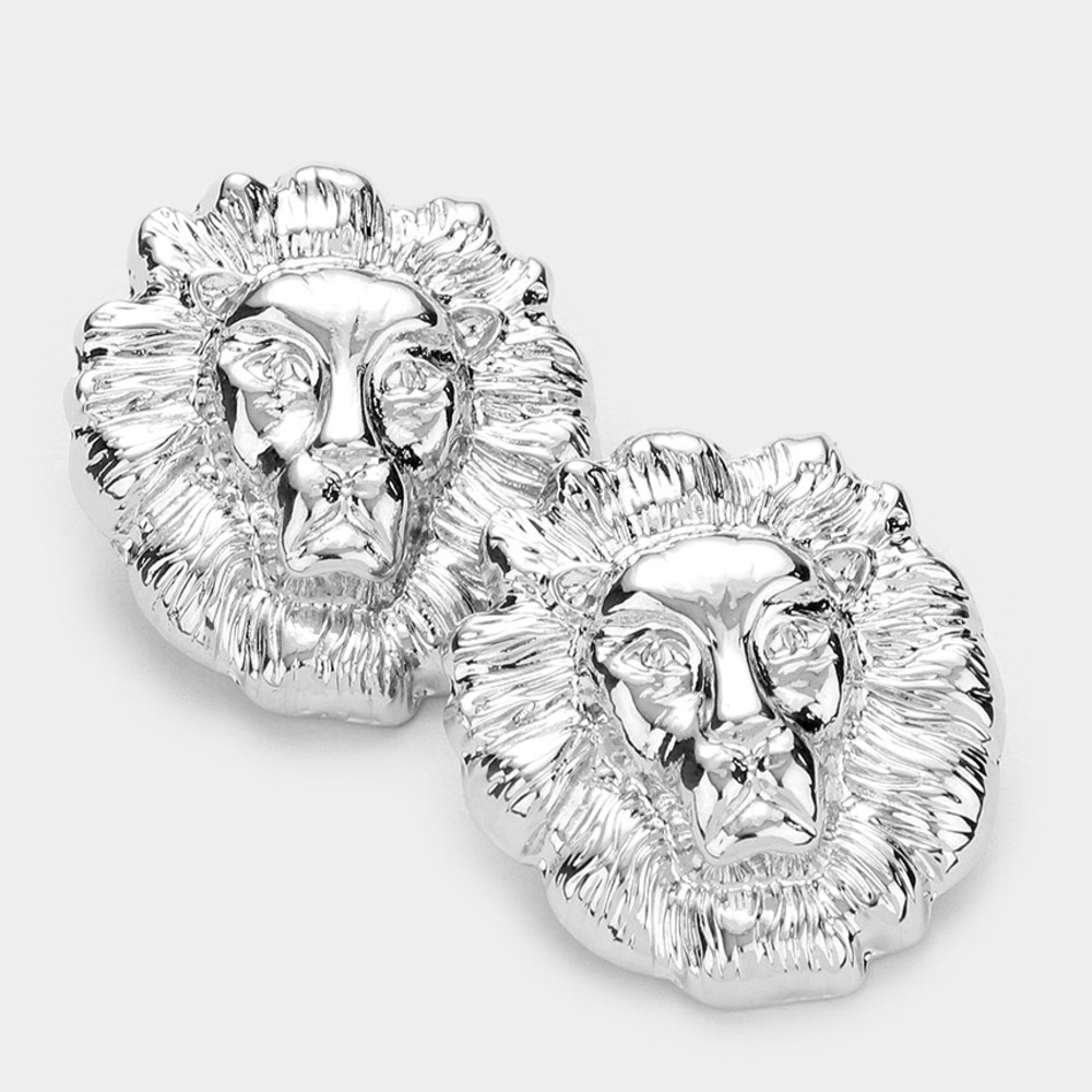Silver Lion Metal Round Stud Statement Earrings